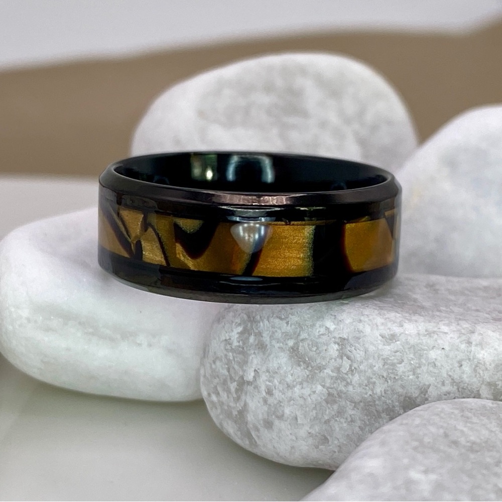 Titanium Steel- Amber Stripe Design Black Wedding Band Ring